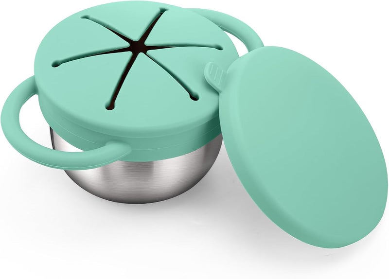 BUSOHA Stainless Steel Toddler Snack Cups - 9 OZ Spill-Proof Baby Snack Containers with Silicone Catcher and Lid Travel Snack Containers for Kids Food Grade Silicone Dishwasher Safe,Green - Image 1